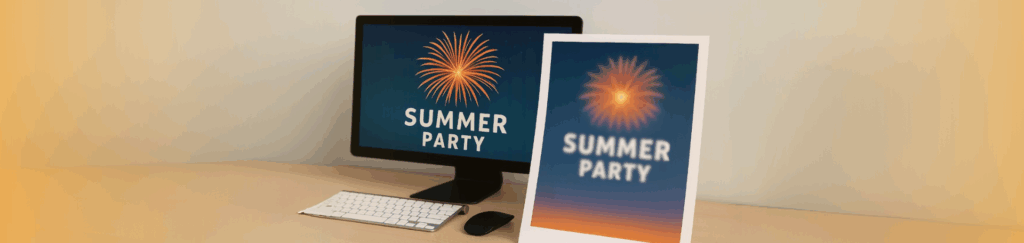 Why print doesn’t match what you see on screen Blog Banner - A side-by-side comparison showing a digital monitor with a sharp, vibrant “Summer Party” poster design, next to a printed version of the same poster that appears noticeably blurry and pixelated, highlighting the difference in screen and print quality.